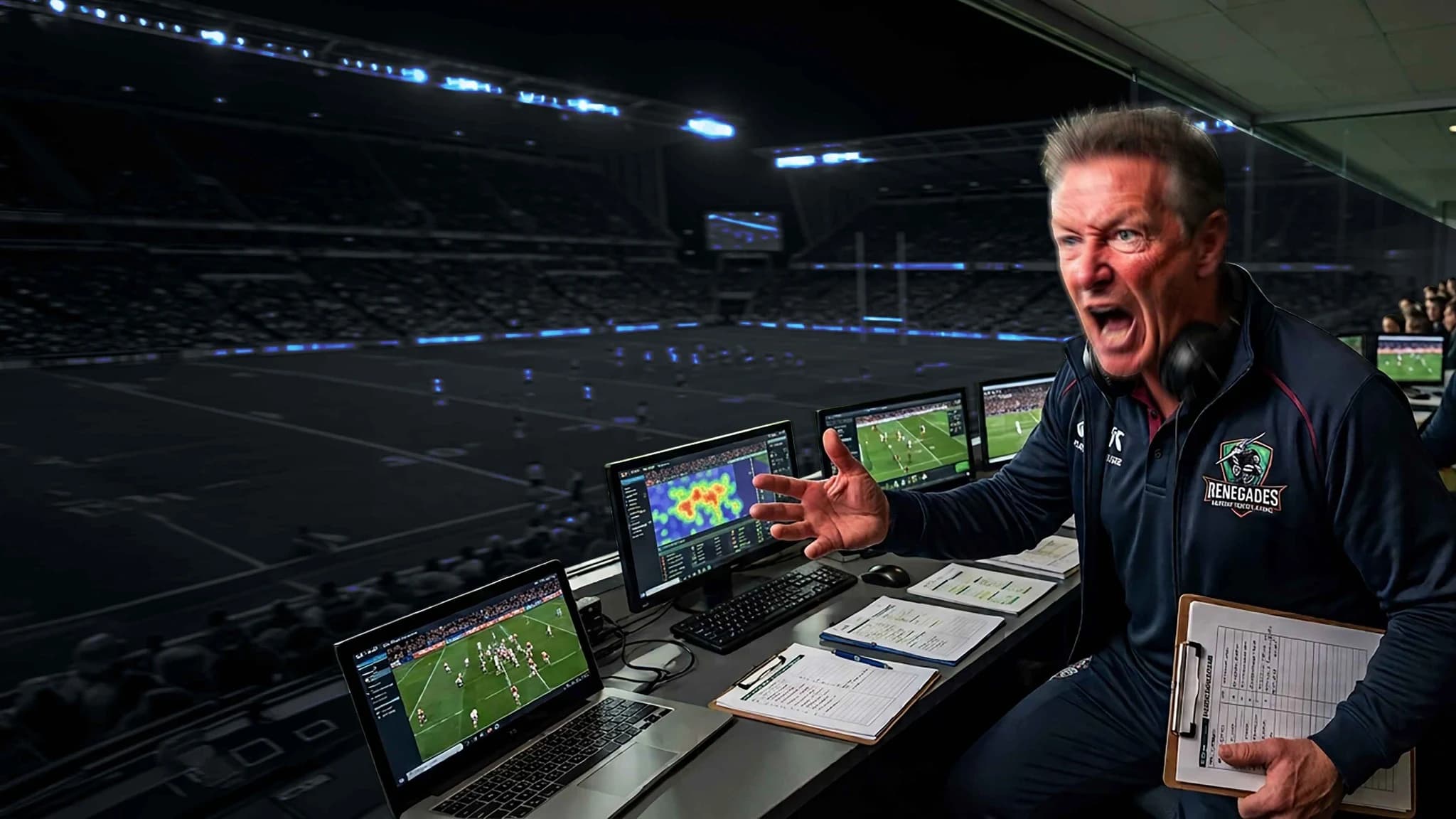 A coach following the footy from the coaching box, with his hand and clipboard in view.