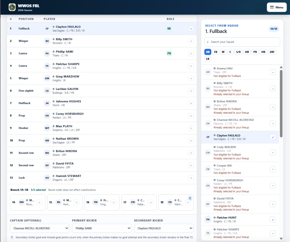Team picker. Example Team Picker from WWOS FRL. The captured example uses five Bench places.