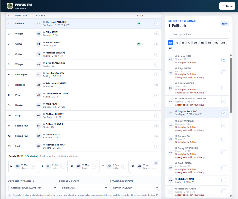 Team picker. Example Team Picker from WWOS FRL. The captured example uses five Bench places.